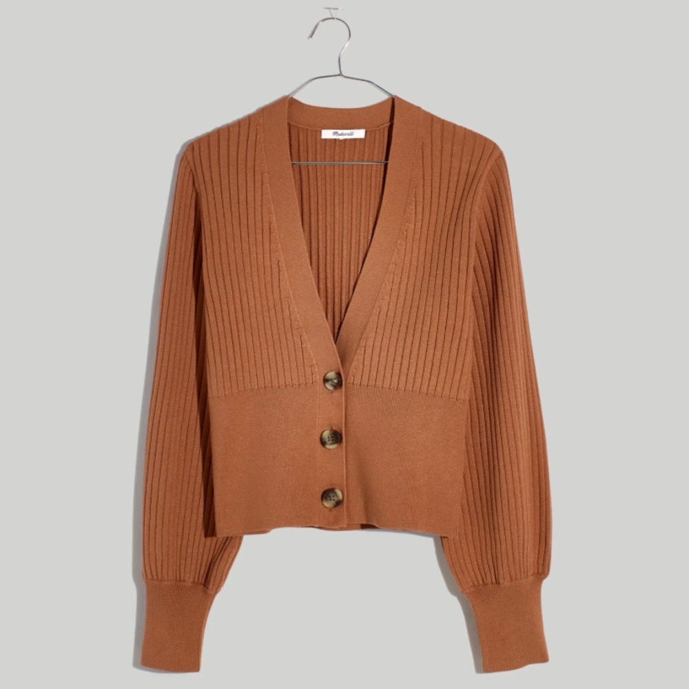 Madewell Rust Brown Ribbed V-Neck Button Cardigan